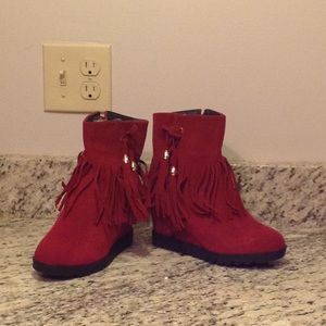 Red wedge booties with tassels & bead detail